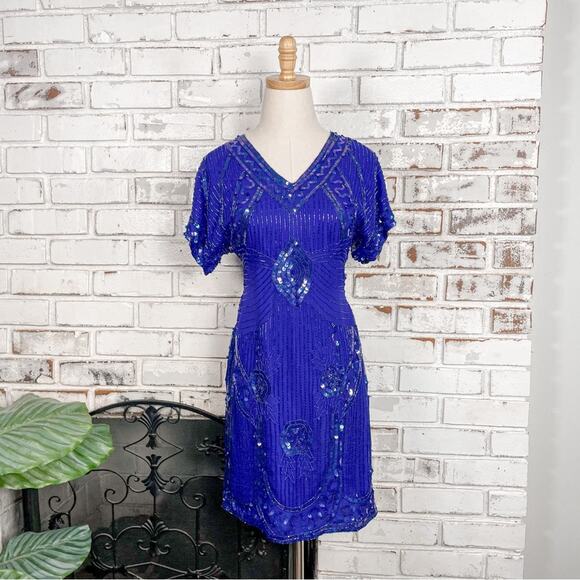 Vintage 80s St’enay Cobalt Blue Silk Sequin Beaded V-neck Keyhole Mini Dress 4 - Picture 1 of 13
